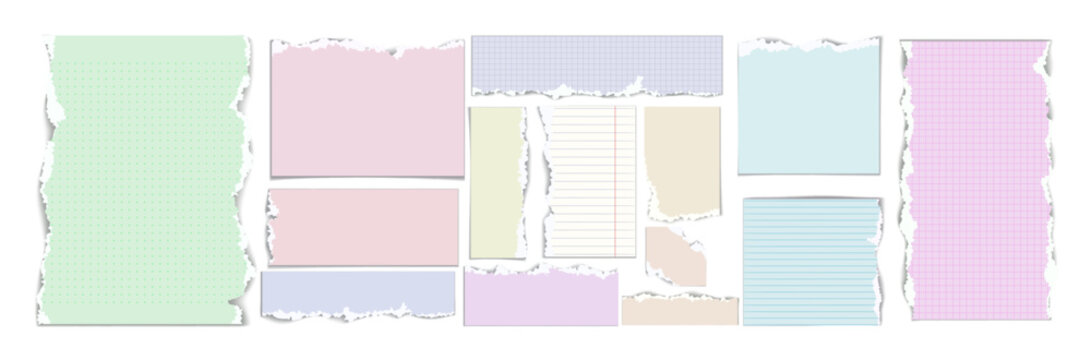 Torn pastel paper note pieces set with grid and lined textures isolated on white background