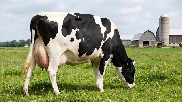 A black and white holstein friesian cow grazes in a lush green pasture with a classic american farm and silo in the background under a partly cloudy sky