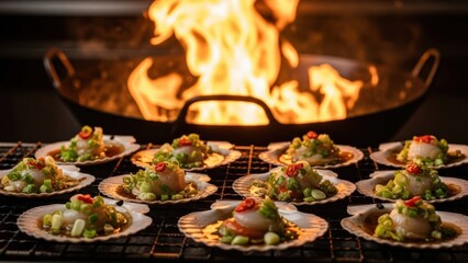 Gourmet Scallops on Grill with Fiery Wok Flames in Professional Kitchen street food thailand