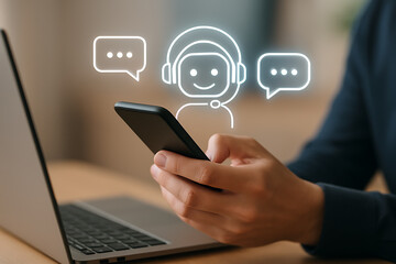 Online mobile user interacting with artificial intelligence virtual assistant providing customer help and messaging support