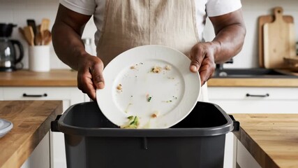 Person discarding uneaten food from a plate into a kitchen trash bin, Reducing food waste by composting or proper disposal, Kitchen scene with food scraps being thrown away