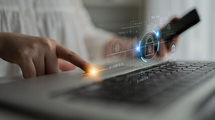 Cybersecurity system interface with biometric lock and data protection. Cybersecurity protects access, identity, cyber security prevents threats, and cyber security supports digital systems. Latch