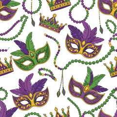 Mardi Gras Seamless Pattern with Masks Crowns and Beads