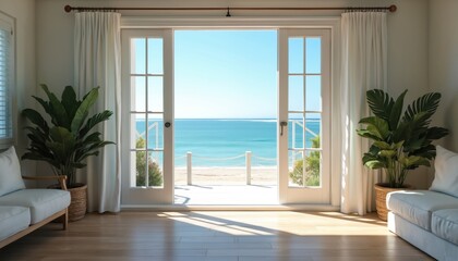 Bright room with large French doors opens to calm blue ocean view, sandy beach, sunny sky. Interior has wooden floor, white sofa, green plants. © miss irine