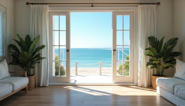 Bright room with large French doors opens to calm blue ocean view, sandy beach, sunny sky. Interior has wooden floor, white sofa, green plants.