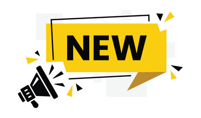 New Arrival Announcement Banner with Megaphone Icon &ndash; Yellow and Black Speech Bubble Label for Marketing Promotion, Product Launch, Business Advertising, Modern Flat Vector Illustration Isolated on Wh