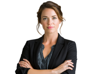 Confident Professional: A sophisticated and confident woman, radiating poise and determination, stands with her arms crossed. This image encapsulates professionalism, strength.