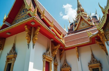 Obraz premium Exterior view of white Thai temple building with ornate red and gold roof details. Intricate stucco carvings adorn exterior walls under bright blue sky.