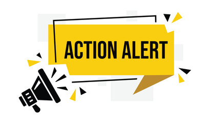 Action Alert Warning Banner with Megaphone Icon &ndash; Yellow and Black Speech Bubble Label for Urgent Notification, Emergency Message, Safety and Business Alert, Modern Flat Vector 