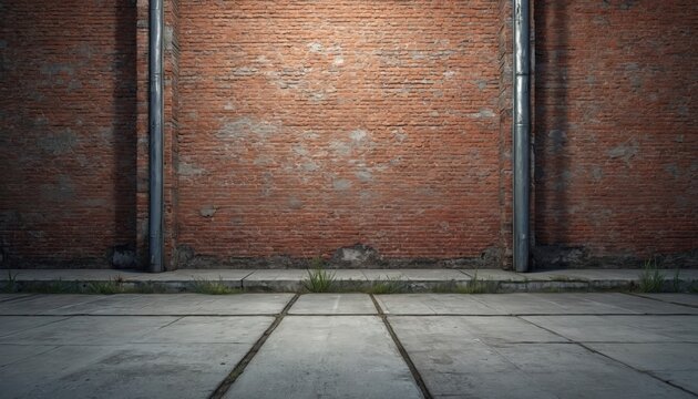 Red brick wall with concrete pavement and metal pipes. Old urban exterior backdrop. Grungy industrial background with weathered texture. Empty street scene for design.