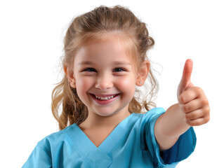 Enthusiastic Approval: A cheerful young girl, beaming with a wide smile, confidently gives a thumbs-up. Her expression reflects optimism and approval, communicating positivity and agreement.