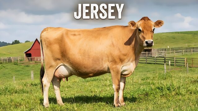 A beautiful brown jersey cow stands in a lush green pasture with a red barn in the background under a partly cloudy sky