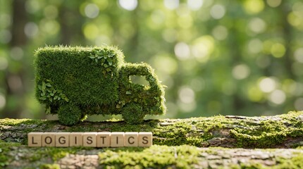 Green logistics concept with an eco friendly delivery truck covered in grass symbolizing Sustainable transportation and Environmentally responsible supply chain, Carbon neutral shipping idea.
