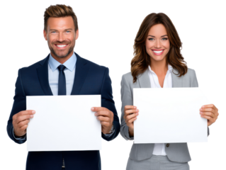 Professional Duo with Blank Sign: Two impeccably dressed individuals, a man and a woman, stand side-by-side, each holding a blank sign, presenting an ideal canvas for messages and information.