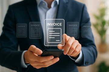 Professional worker managing financial invoices with smartphone holographic technology for accounting business and digital record keeping