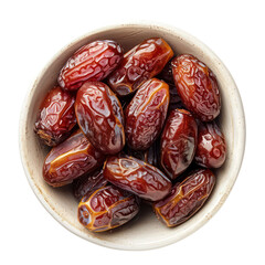 Bowl of Dried Dates Fruit Isolated on White Background, Top View