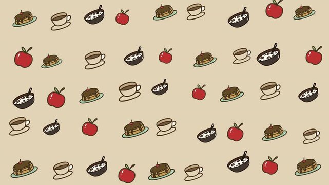 Repeating pattern of apples, desserts, coffee cups, and beans ideal for food blogs, menus, packaging, and kitchen decor designs.