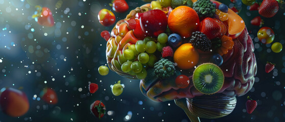 The brain, composed of bright fruits and berries, symbolises the connection between healthy eating and mental activity. It is ideal as a creative backdrop for advertising vitamins  