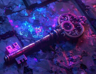 Ornate key on a dark, chaotic, neon-lit surface; stylized, with strong color contrast and textural detail