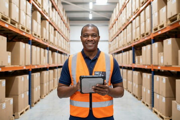 A smiling African American warehouse worker in an orange vest holds a tablet, symbolizing modern logistics and efficient inventory management.