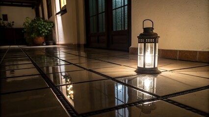 The warm soft light of a traditional lantern illuminating a beautiful tiled hallway, casting intricate shadows and creating a cozy, atmospheric mood in a Mediterranean or Moroccan home. AI generated
