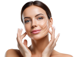 Beauty of Skin Rejuvenation: A portrait of serene beauty, her radiant face is the canvas for delicate artistry and subtle enhancements, as her hands tenderly frame her face and skin.