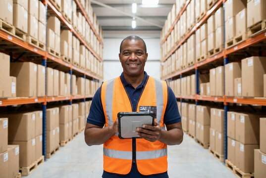 A smiling African American warehouse worker in an orange vest holds a tablet, symbolizing modern logistics and efficient inventory management.