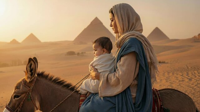 The Flight into Egypt: The Virgin Mary and Infant Jesus ride a donkey through the desert with the pyramids in the background.