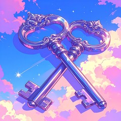 Ornate keys crossed against a dreamy, colorful sky with clouds and a shooting star