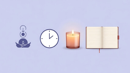 Serene meditation setup with lit candle and open diary on a calming background