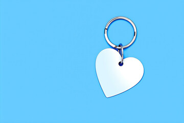Blank Silver Heart Keychain on Blue. Customizable Template for Engraving, Personalized Love Gift, Valentine's Day, Anniversary.