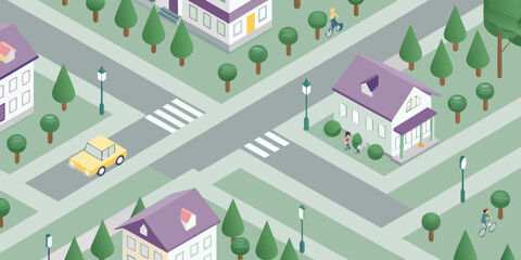 Isometric illustration of a quaint town with colorful houses and streets