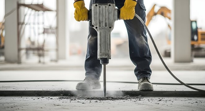Man Using Jackhammer to Break Concrete at Construction Site Wearing Safety Gear
