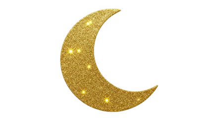 Golden crescent moon with sparkling stars on black background glitter
