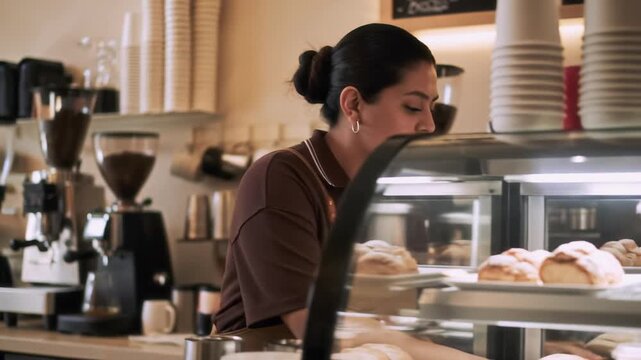 Young cafe worker checking cash register and adjusting plate with delicious pastries