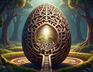 Ornate labyrinthine egg stands in a verdant clearing, path leading to a figure illuminated within a portal
