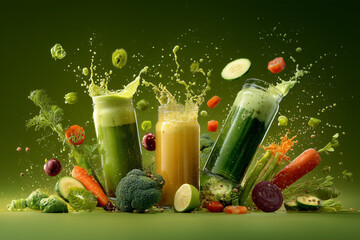Green Vegetable Juice Splash with Flying Ingredients