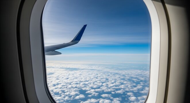 Looking out an Airplane Window at Wing and Beautiful Clouds in the Sky