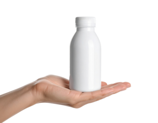 A hand holds a small, white plastic bottle against a black background, emphasizing its clean design and minimalistic appearance.