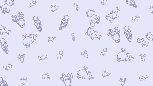 Animal pattern featuring blue drawings on a light blue background. Suitable for packaging, stationery, textiles, and childrens products.