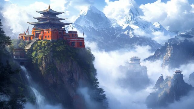 Ancient Tibetan monastery rising from misty mountain cliffs, surrounded by towering Himalayan peaks and drifting clouds, a spiritual sanctuary radiating timeless wonder peace faith breathtaking beauty