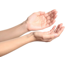 A pair of open hands reaching out, conveying gestures of receiving, offering, or inviting, set against a black background.