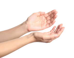 A pair of open hands reaching out, conveying gestures of receiving, offering, or inviting, set against a black background.