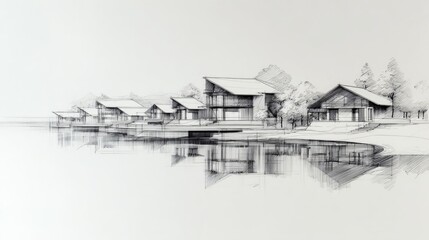 Fototapeta premium Architectural sketch of waterfront homes reflecting in calm water (1)