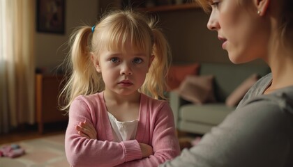 Little girl arms crossed looks upset at mother. Child unhappy with parental rules, seeking independence in family home. Disagreement between mom and daughter.