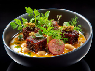 Gourmet meat cubes with white beans and chorizo stew