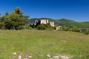 An ancient castle and small chapel set high in the hills of Bargeme, Var, Provence, France.  