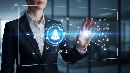 Business Person Interacting with Futuristic Digital Network Interface for Data Management