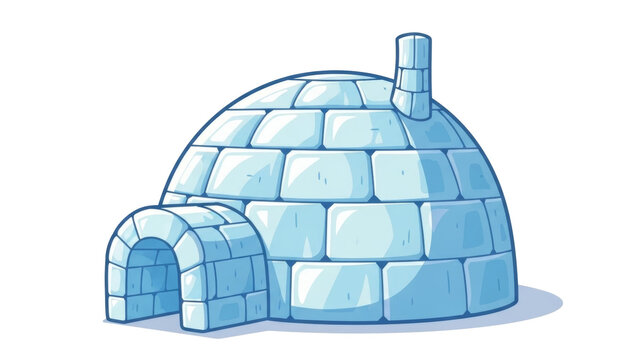 Cartoon igloo made of light blue ice blocks with arched entrance and chimney. Isolated on transparent background.
