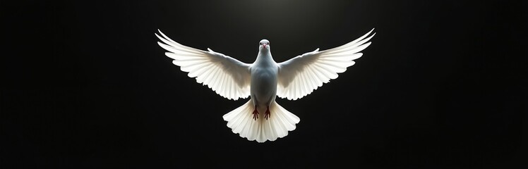Fototapeta premium White dove flies with spread wings against dark background. Bird symbolizes peace hope and freedom. Symbol of purity hope and spiritual rebirth for solemn events.
